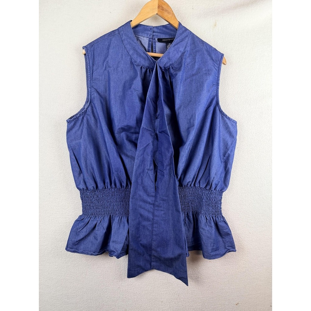 Ashley Stewart Blouse Womens 20 Blue Chambray Sleeveless Tie Neck Peplum Ruffle